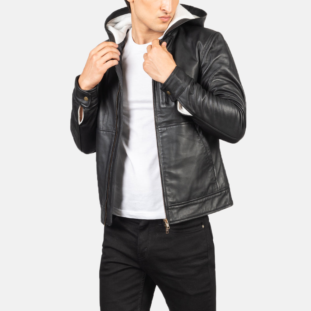 Baston Black Hooded Leather Bomber Jacket - men's jacket in black sheepskin leather, view 1
