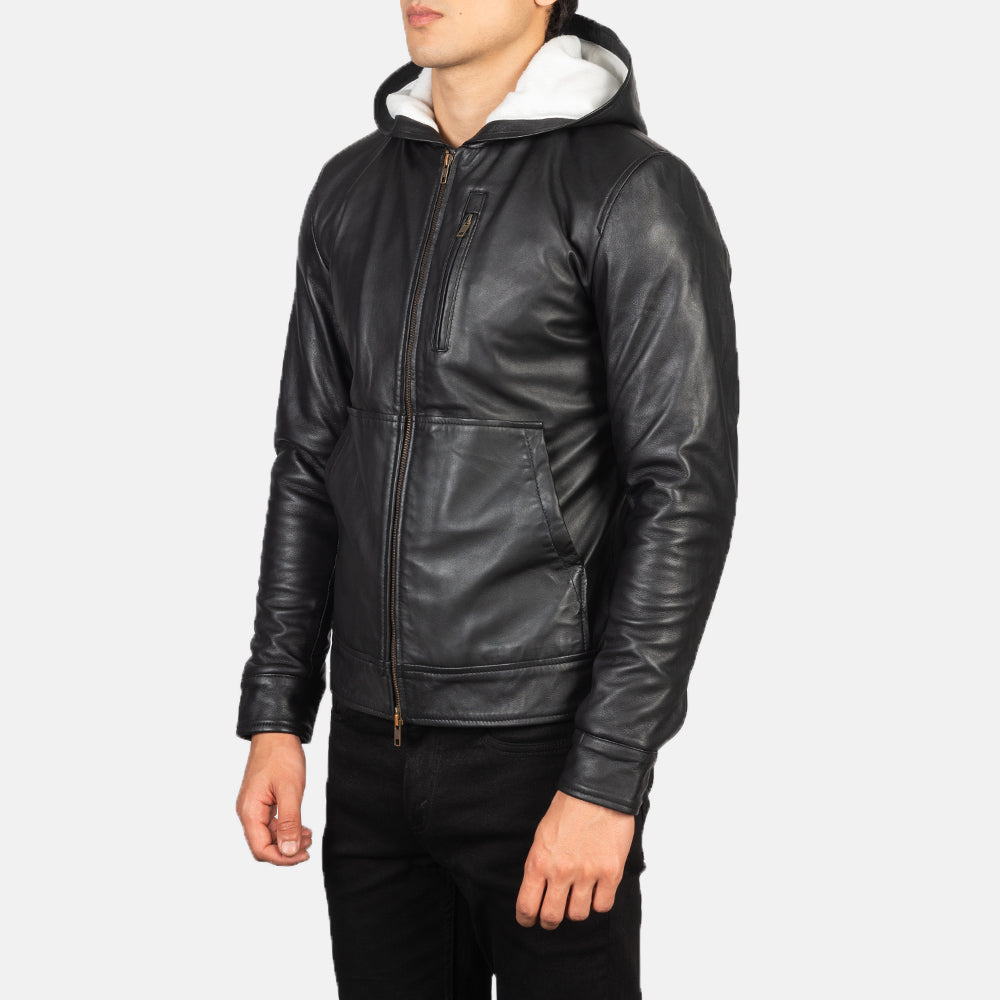 Baston Black Hooded Leather Bomber Jacket - men's jacket in black sheepskin leather, view 2