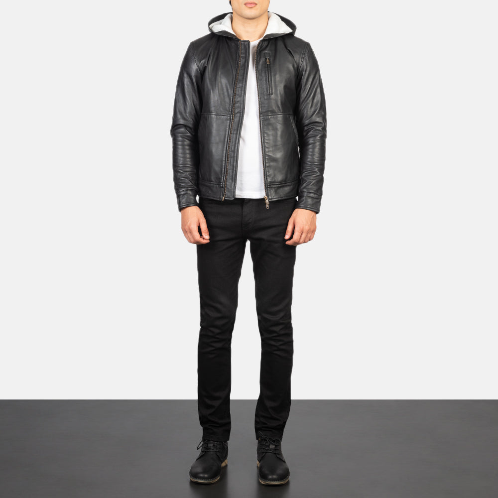 Baston Black Hooded Leather Bomber Jacket - men's jacket in black sheepskin leather, view 3