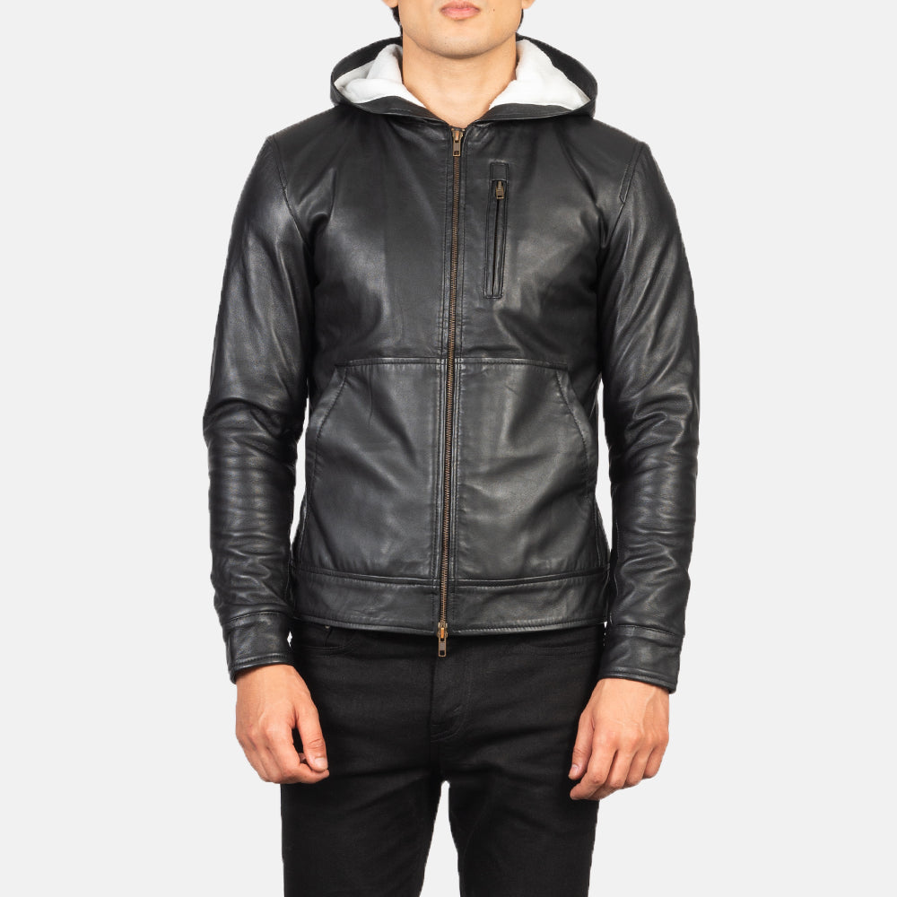 Baston Black Hooded Leather Bomber Jacket - men's jacket in black sheepskin leather, view 4