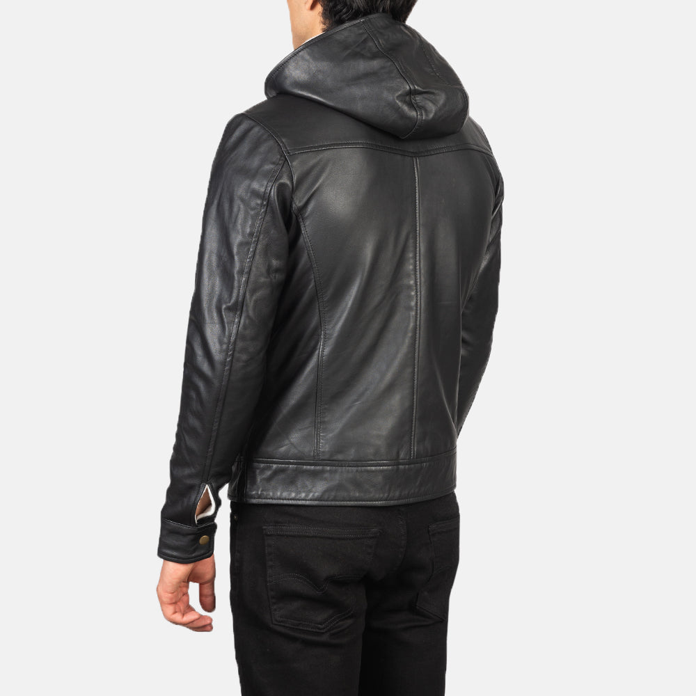 Baston Black Hooded Leather Bomber Jacket - men's jacket in black sheepskin leather, view 5
