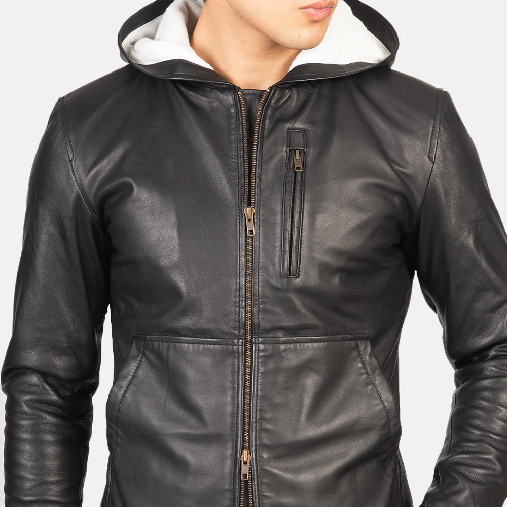 Baston Black Hooded Leather Bomber Jacket - men's jacket in black sheepskin leather, view 6