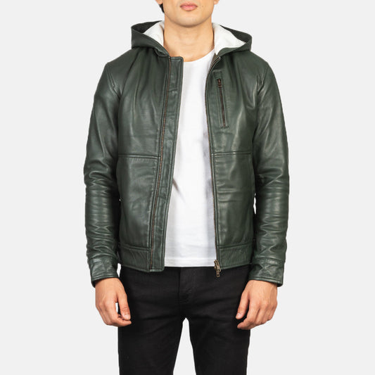 Baston Green Hooded Leather Bomber Jacket - men's jacket in green sheepskin leather, view 1