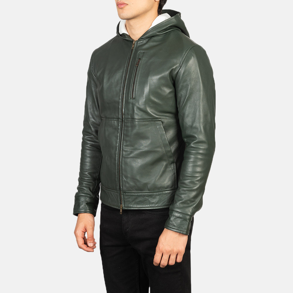 Baston Green Hooded Leather Bomber Jacket - men's jacket in green sheepskin leather, view 2