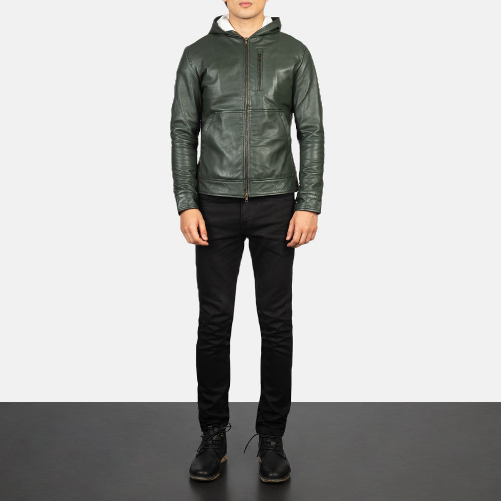Baston Green Hooded Leather Bomber Jacket - men's jacket in green sheepskin leather, view 3