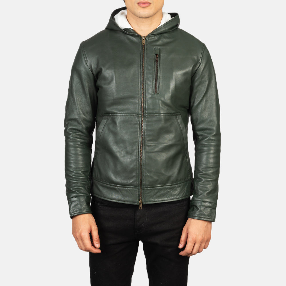 Baston Green Hooded Leather Bomber Jacket - men's jacket in green sheepskin leather, view 4
