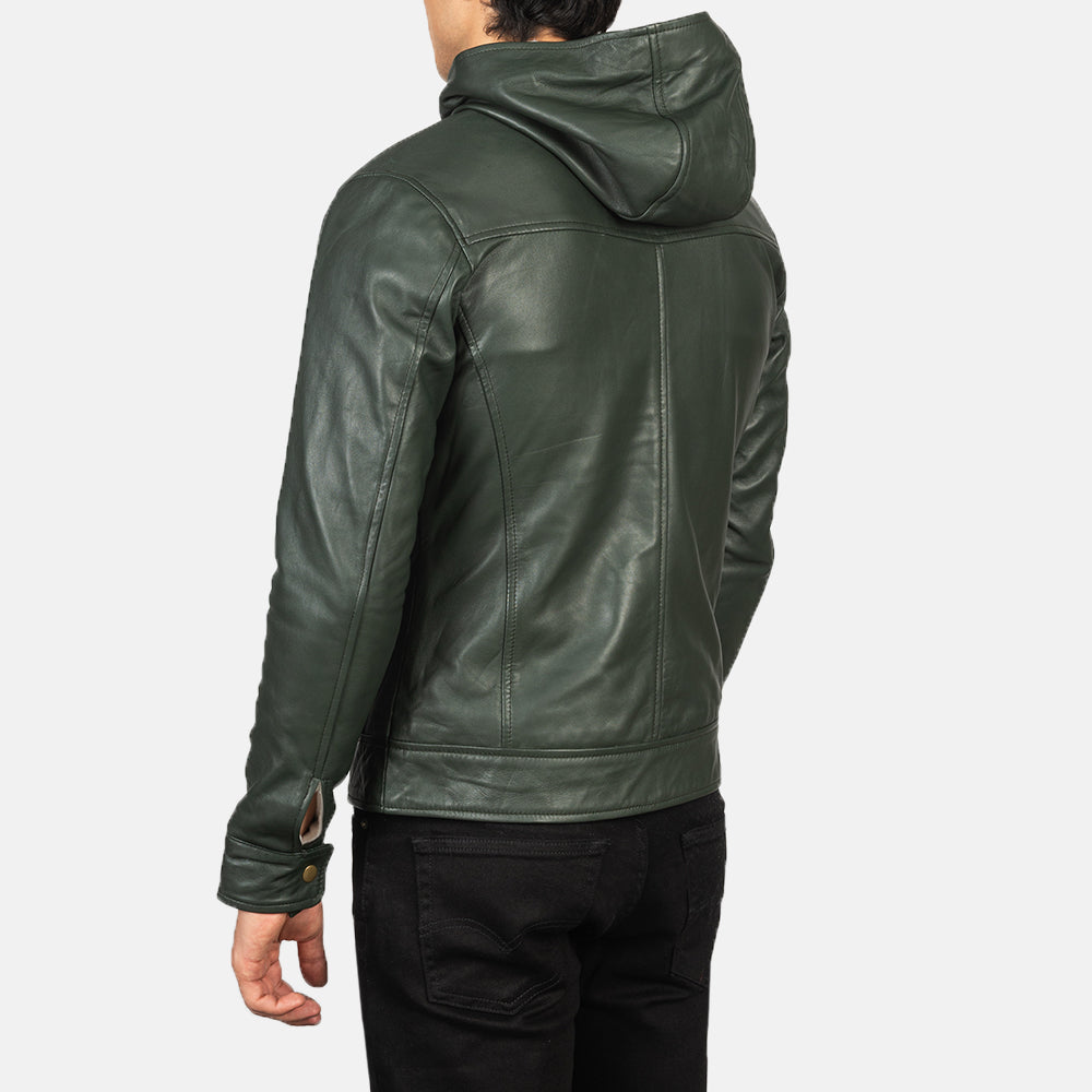 Baston Green Hooded Leather Bomber Jacket - men's jacket in green sheepskin leather, view 5