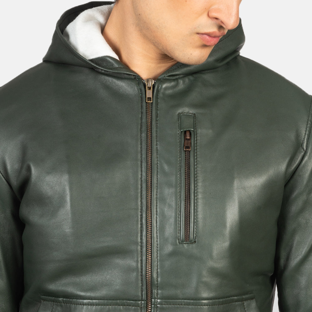 Baston Green Hooded Leather Bomber Jacket - men's jacket in green sheepskin leather, view 6