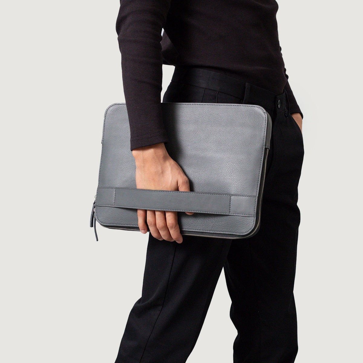 Brex Baxter Grey Leather Laptop Sleeve - grey leather laptop sleeve, view 5