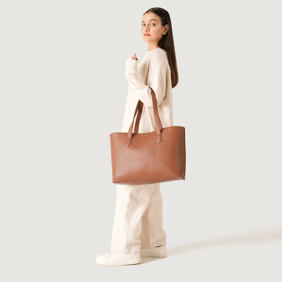 Brex Bianca Brown Leather Tote Bag - brown leather tote bag, view 2