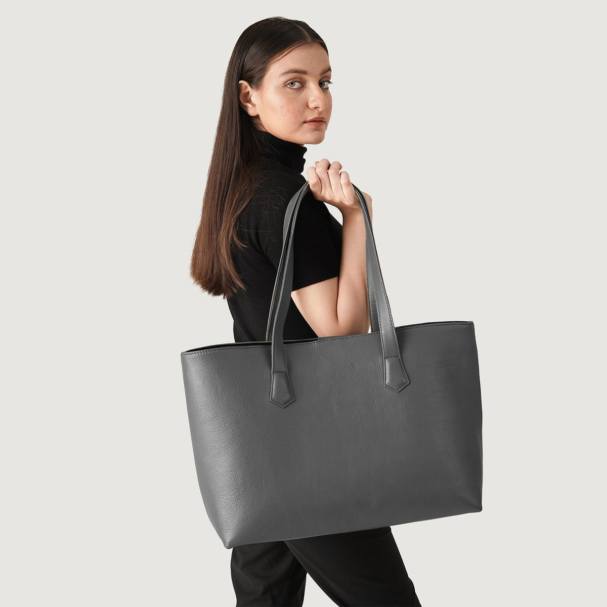 Brex Bianca Grey Leather Tote Bag - grey leather tote bag, view 2