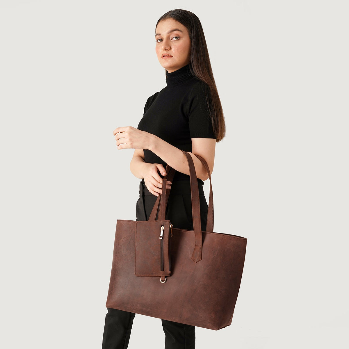 Brex Bianca Vintage Distressed Brown Leather Tote Bag - brown leather vintage distressed tote bag, view 2