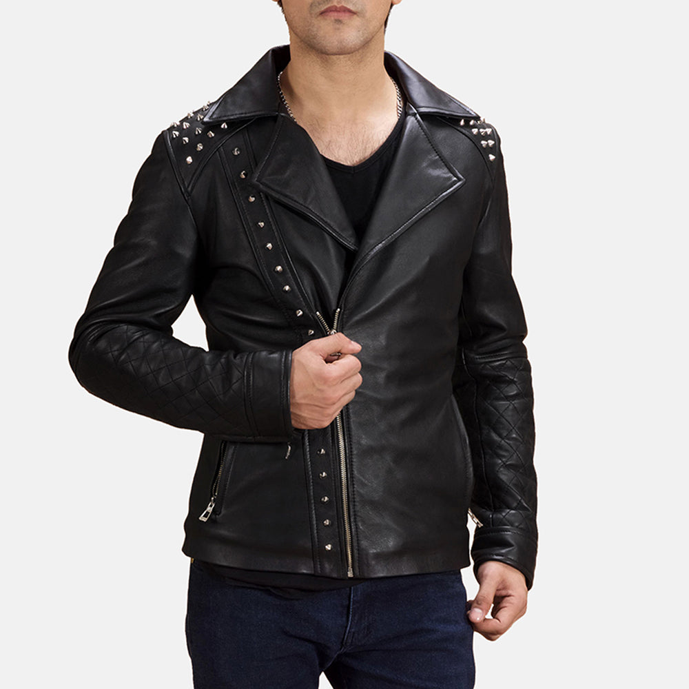 Black Studded Leather Biker Jacket - men's jacket in black sheepskin leather, view 1