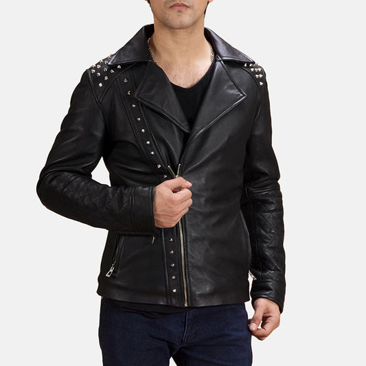 Black Studded Leather Biker Jacket - men's jacket in black sheepskin leather, view 1