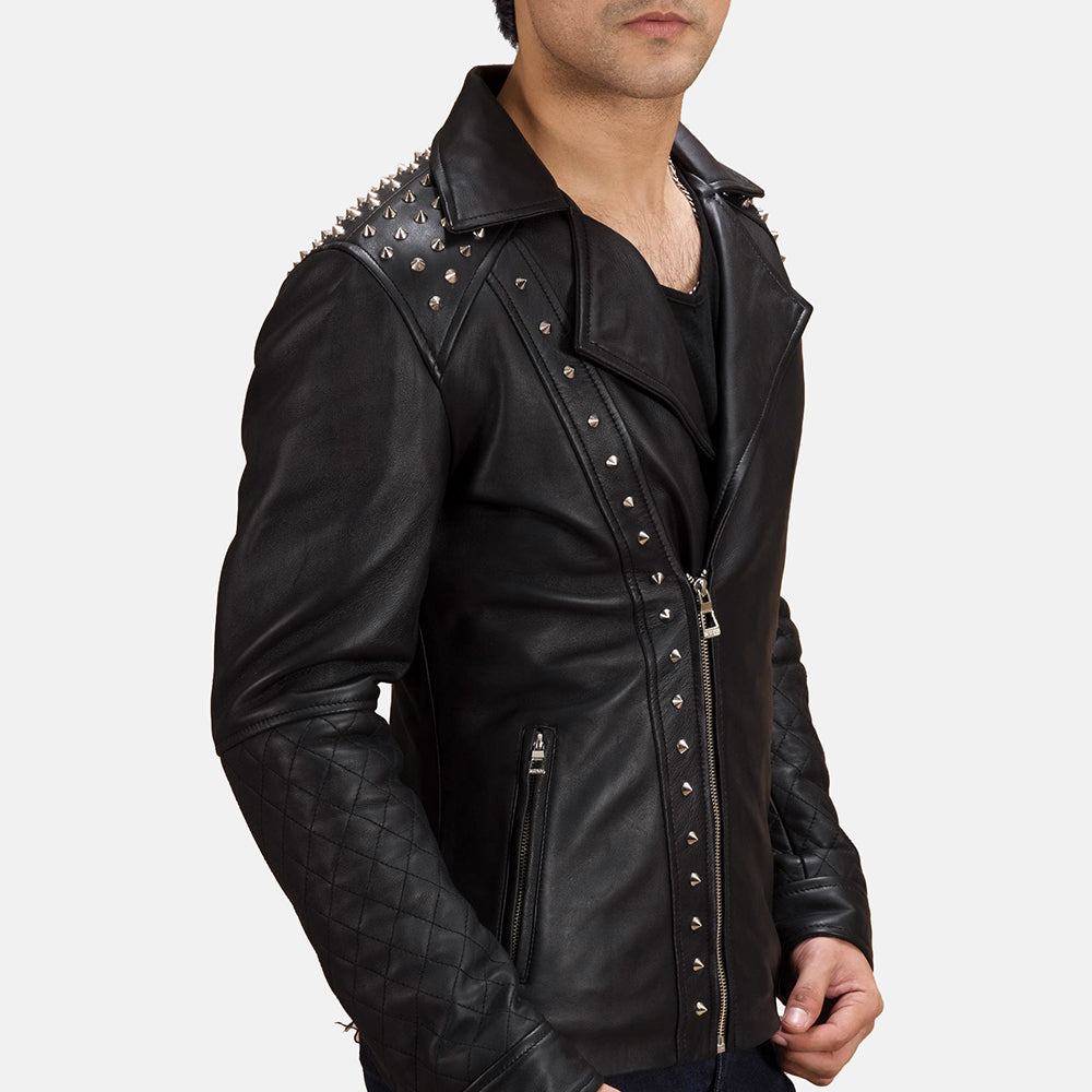 Black Studded Leather Biker Jacket - men's jacket in black sheepskin leather, view 2