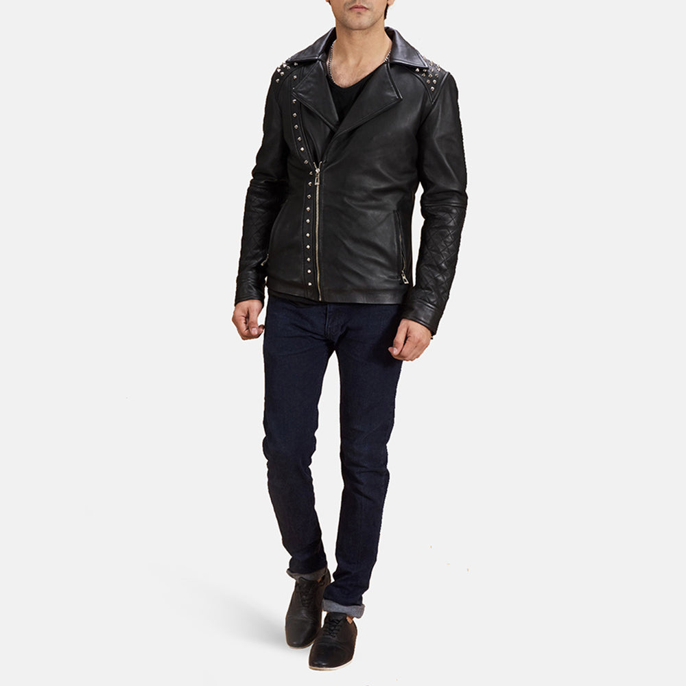 Black Studded Leather Biker Jacket - men's jacket in black sheepskin leather, view 3