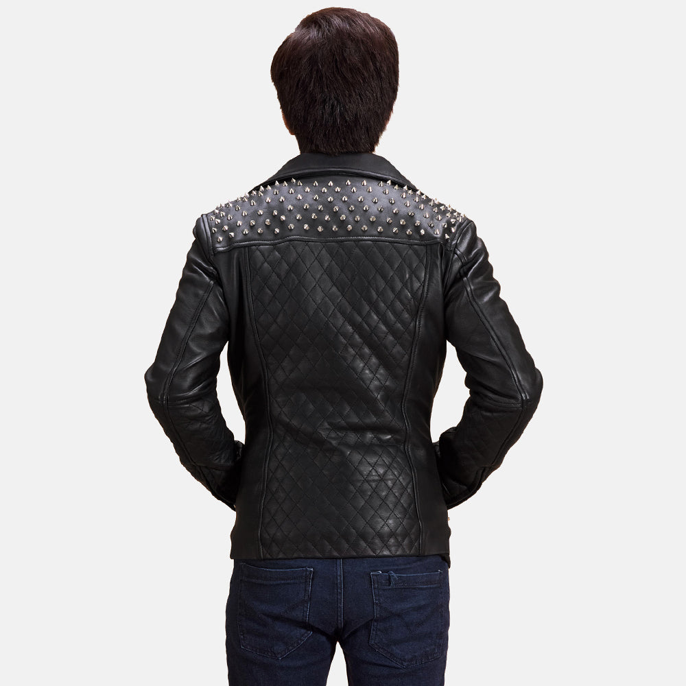 Black Studded Leather Biker Jacket - men's jacket in black sheepskin leather, view 4