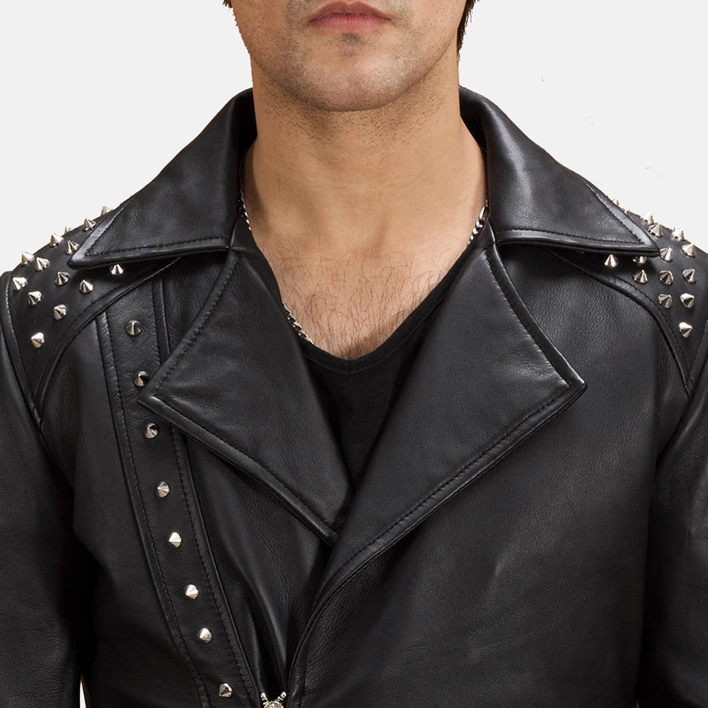 Black Studded Leather Biker Jacket - men's jacket in black sheepskin leather, view 5