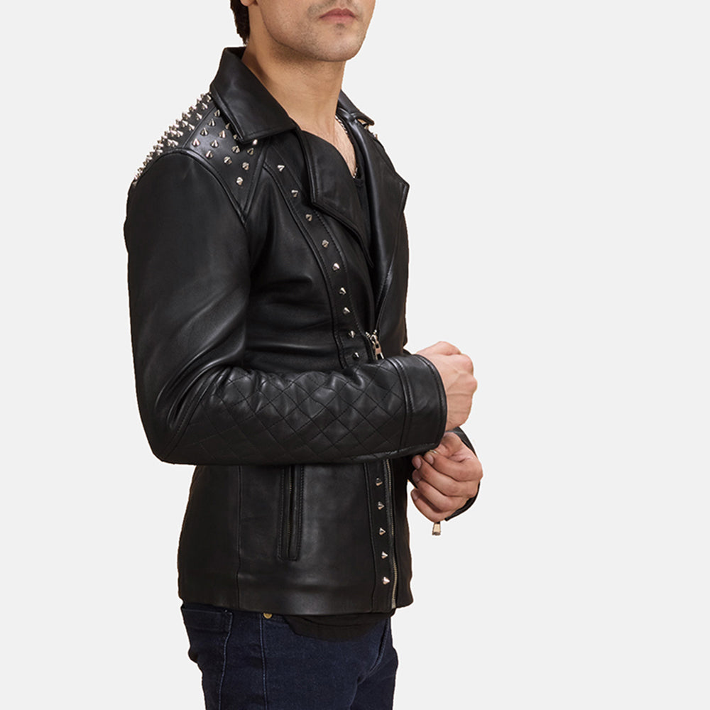 Black Studded Leather Biker Jacket - men's jacket in black sheepskin leather, view 6