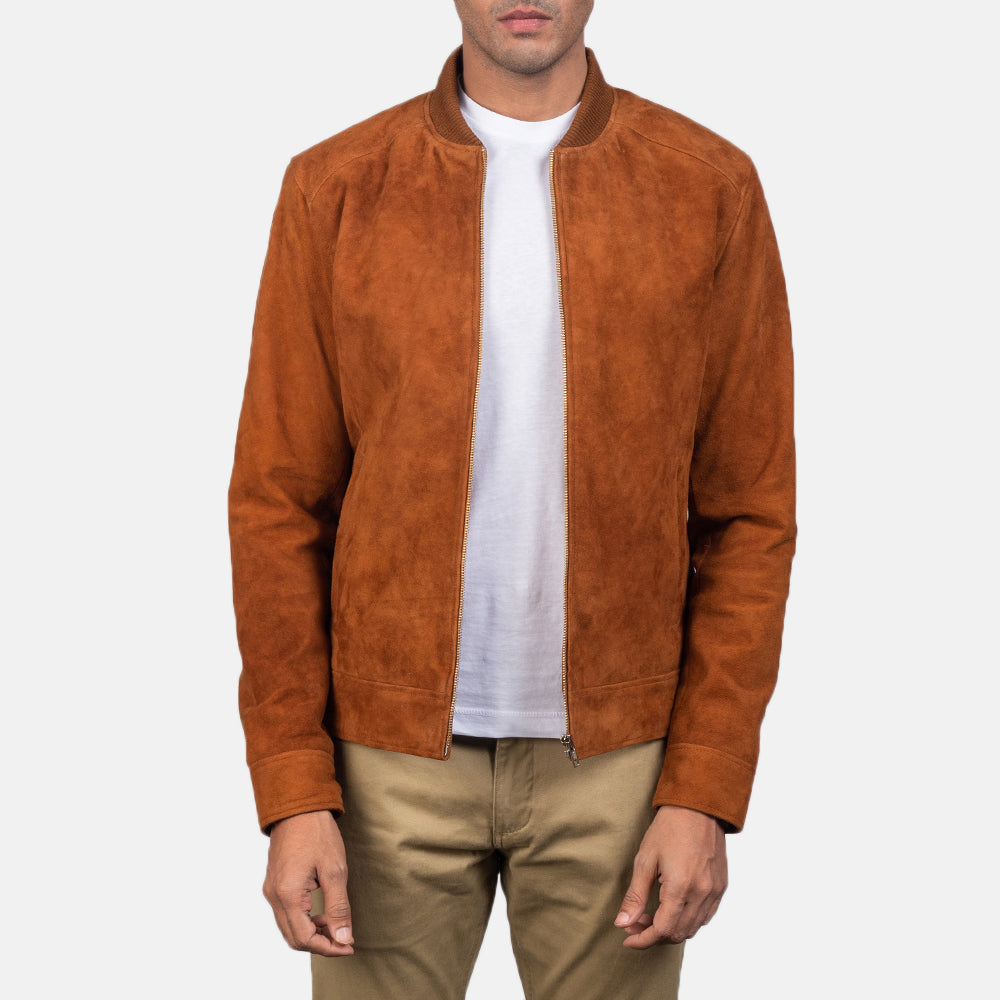 Blain Brown Suede Bomber Jacket - men's jacket in brown suede leather, view 1
