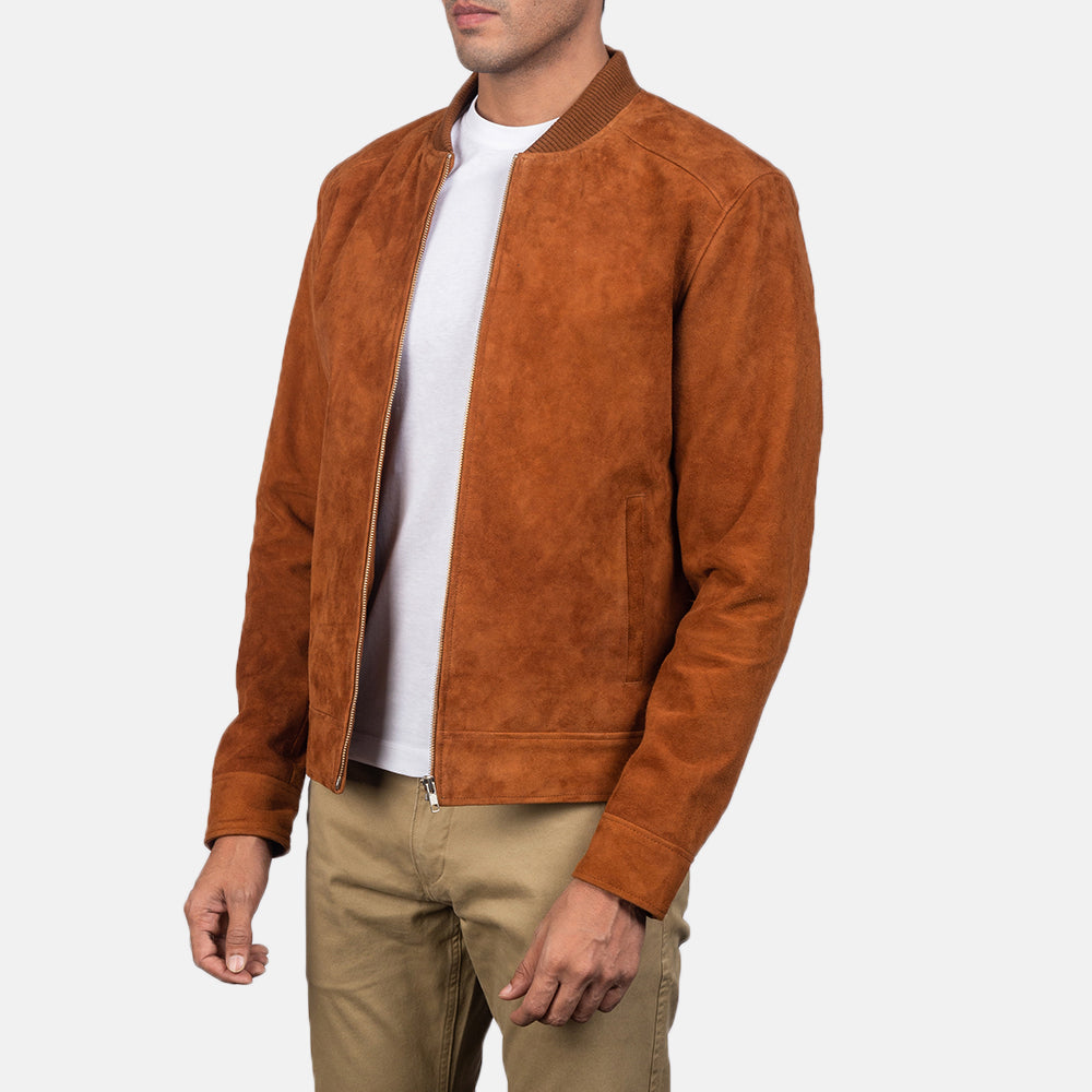 Blain Brown Suede Bomber Jacket - men's jacket in brown suede leather, view 2