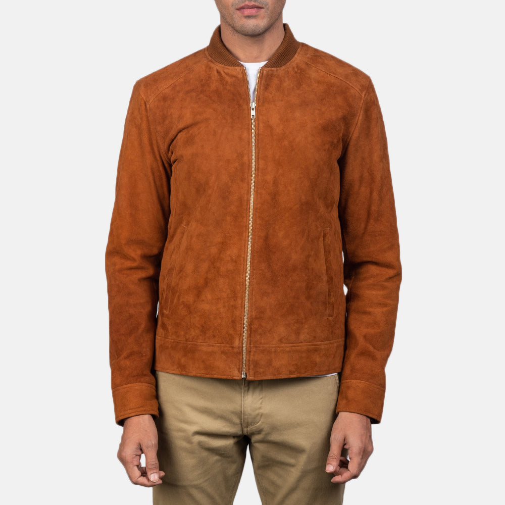 Blain Brown Suede Bomber Jacket - men's jacket in brown suede leather, view 3