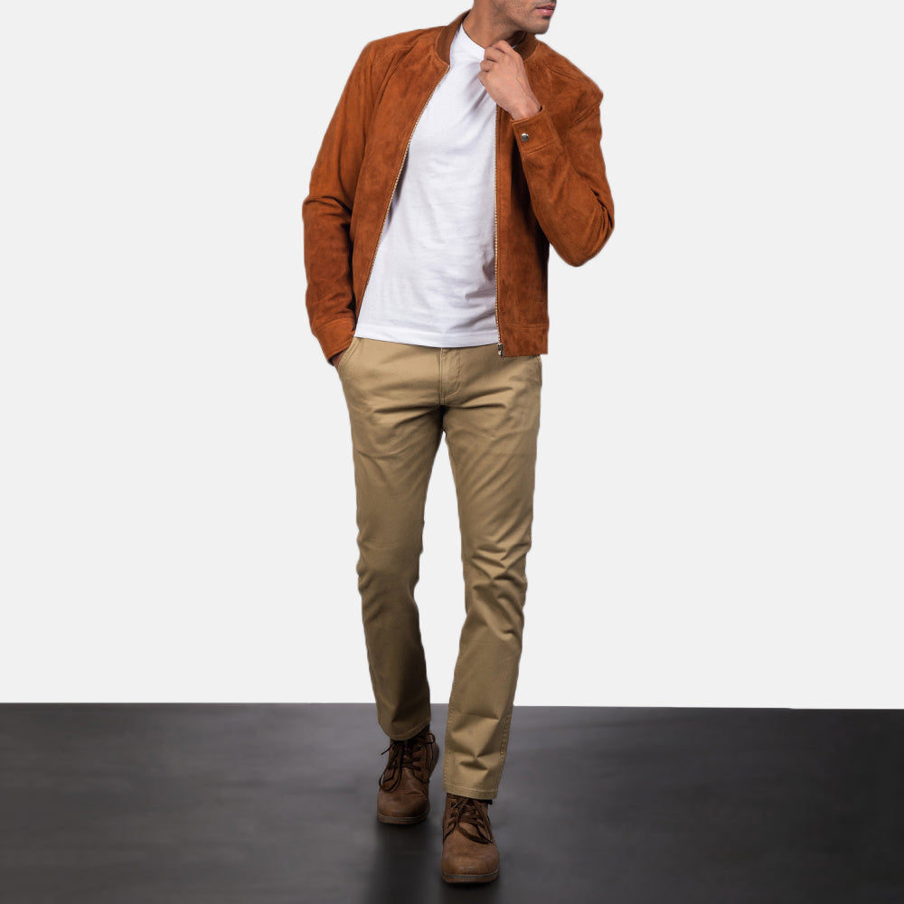 Blain Brown Suede Bomber Jacket - men's jacket in brown suede leather, view 4