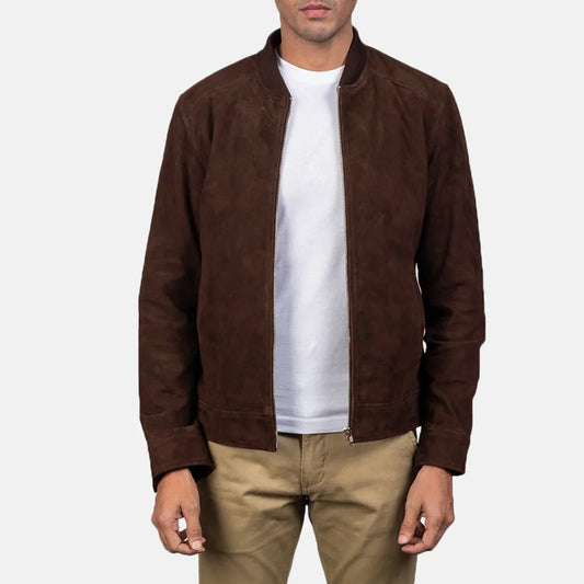 Blain Mocha Suede Bomber Jacket - men's jacket in mocha suede leather, view 1