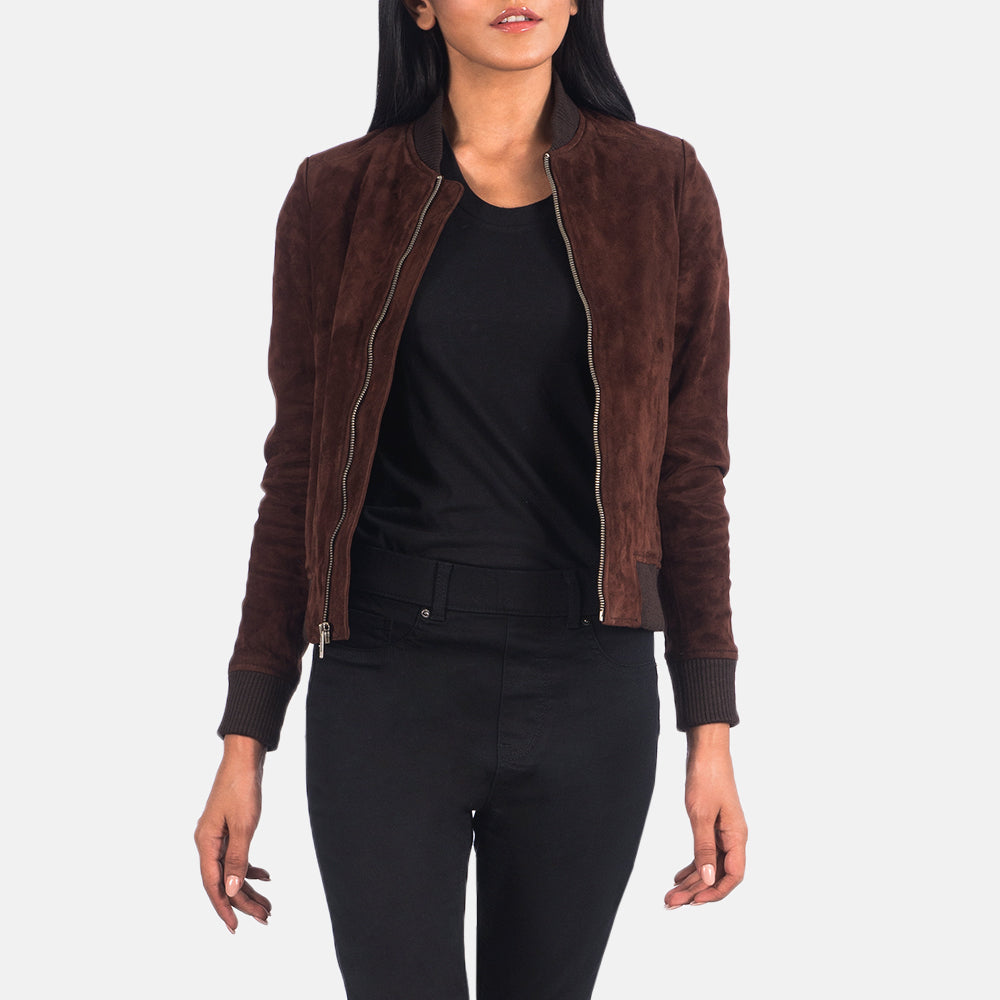 Bliss Brown Suede Bomber Jacket - women's jacket in brown suede leather, view 1