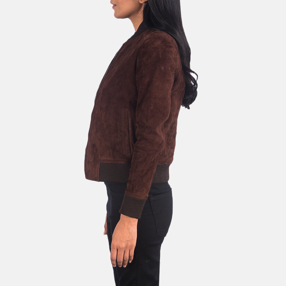 Bliss Brown Suede Bomber Jacket - women's jacket in brown suede leather, view 2