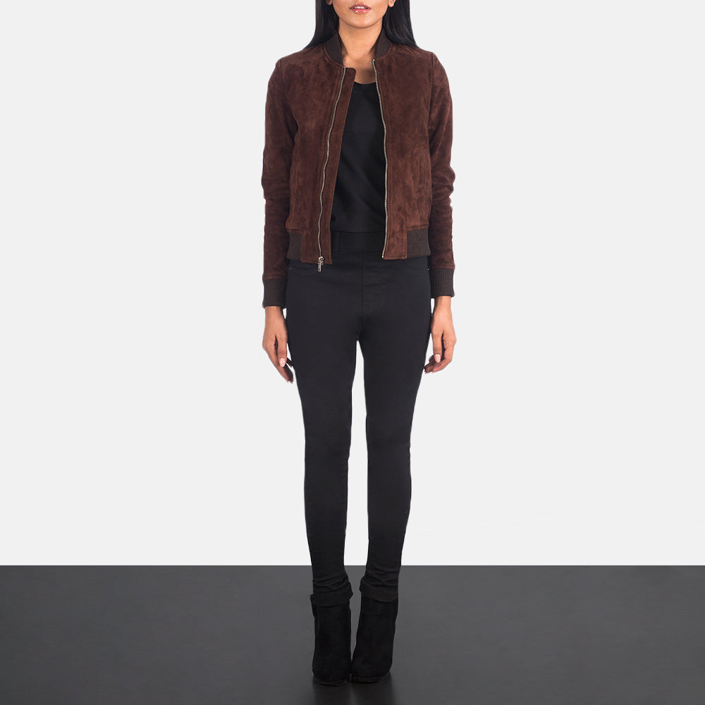 Bliss Brown Suede Bomber Jacket - women's jacket in brown suede leather, view 3