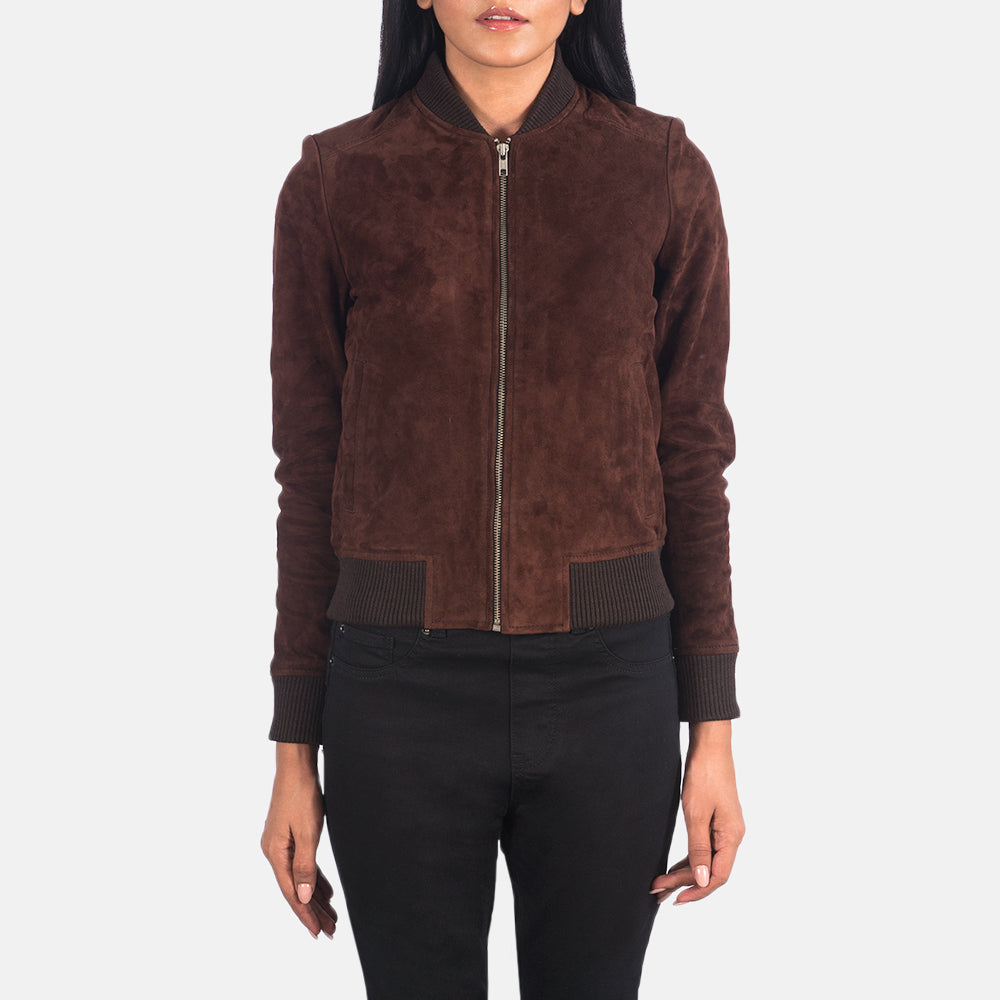 Bliss Brown Suede Bomber Jacket - women's jacket in brown suede leather, view 4