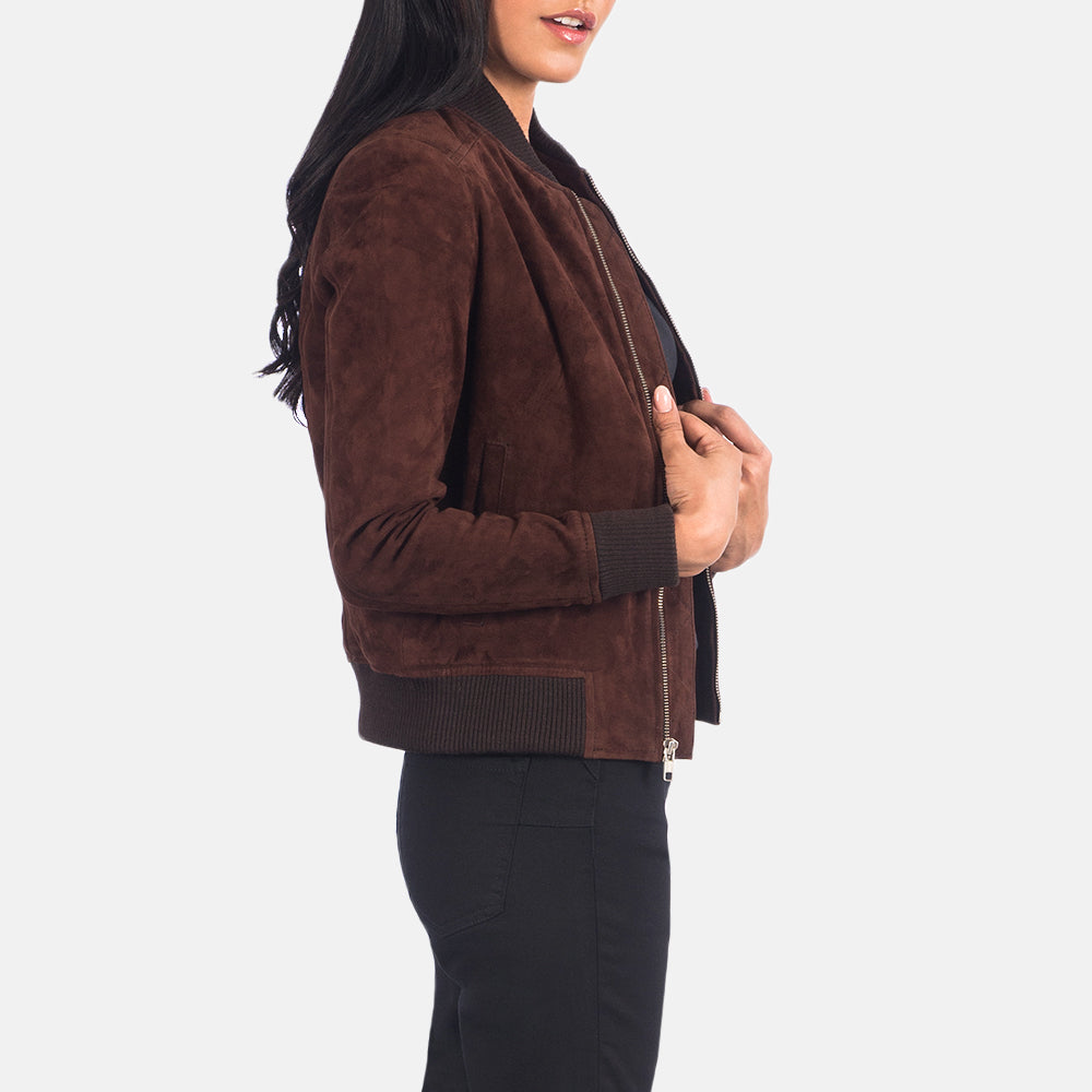 Bliss Brown Suede Bomber Jacket - women's jacket in brown suede leather, view 6