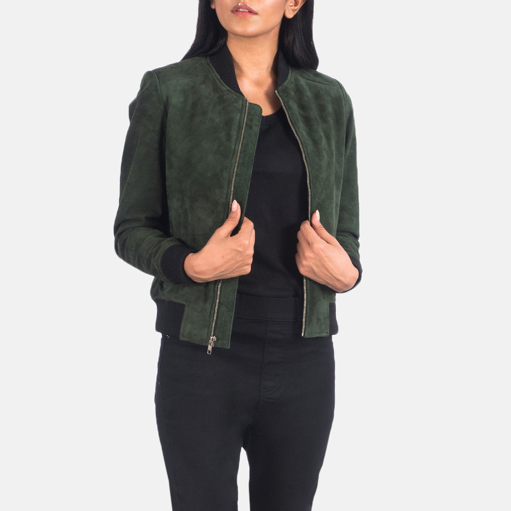 Bliss Green Suede Bomber Jacket - women's jacket in green suede leather, view 1