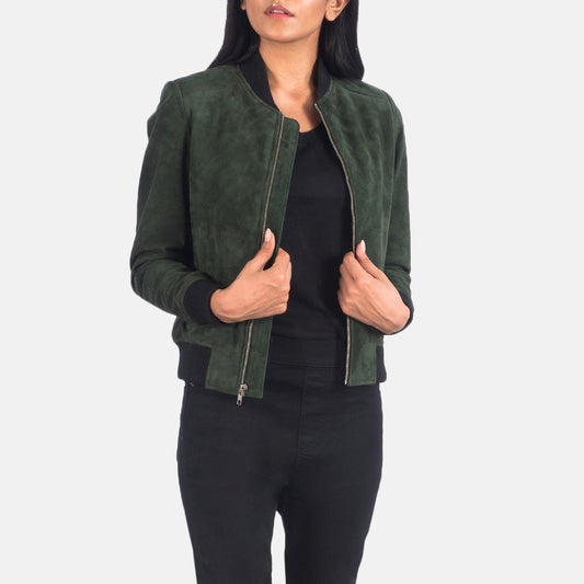 Bliss Green Suede Bomber Jacket - women's jacket in green suede leather, view 1