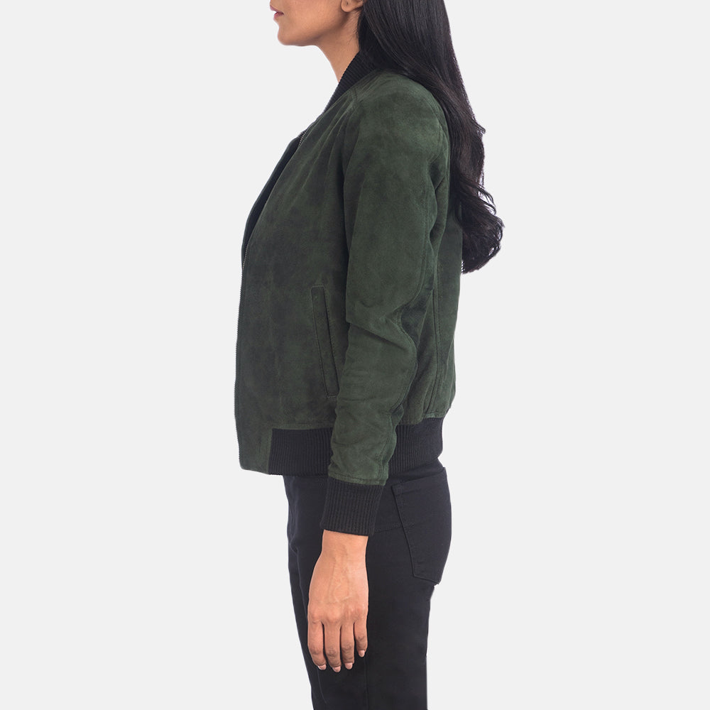 Bliss Green Suede Bomber Jacket - women's jacket in green suede leather, view 2