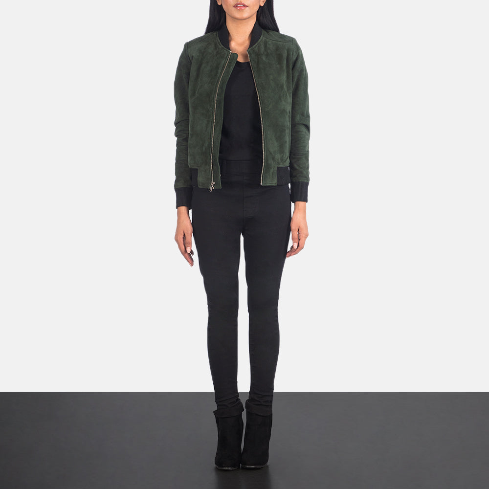 Bliss Green Suede Bomber Jacket - women's jacket in green suede leather, view 3