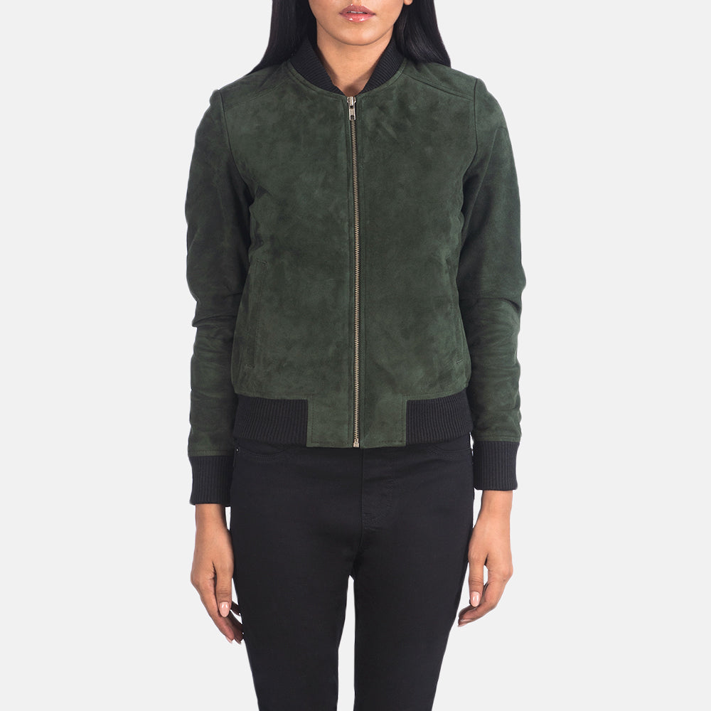 Bliss Green Suede Bomber Jacket - women's jacket in green suede leather, view 4