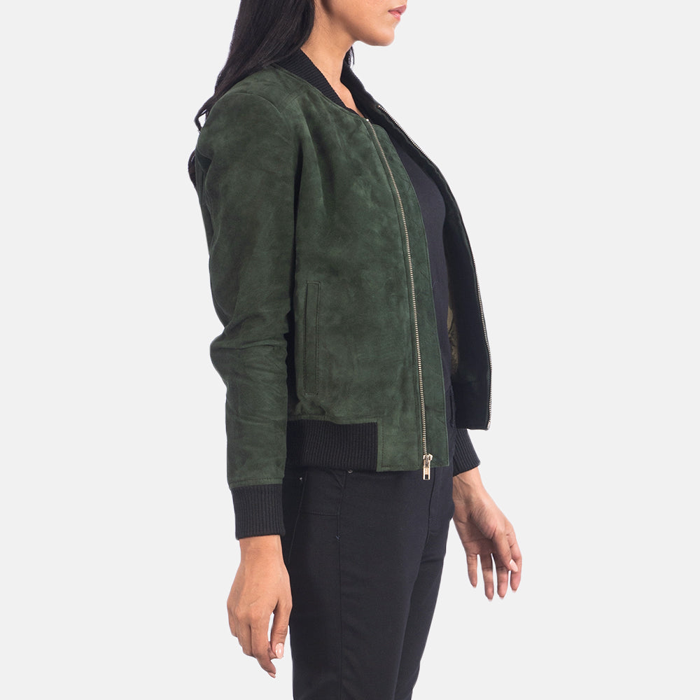 Bliss Green Suede Bomber Jacket - women's jacket in green suede leather, view 6