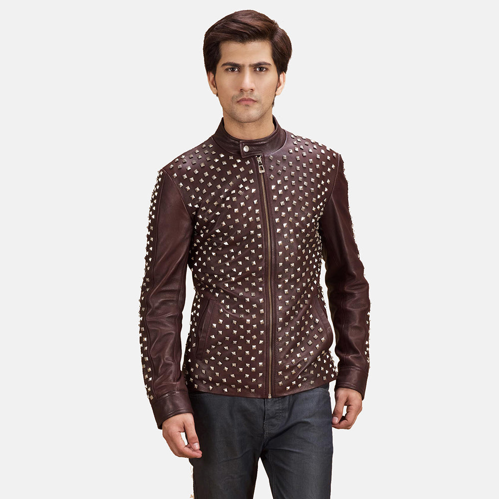 Blix Bono Maroon Leather Biker Jacket - men's jacket in maroon sheepskin leather, view 1