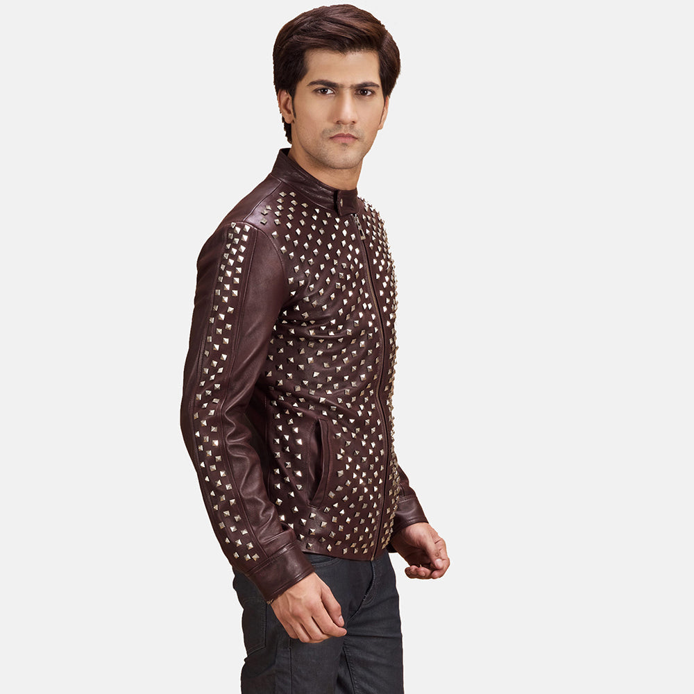 Blix Bono Maroon Leather Biker Jacket - men's jacket in maroon sheepskin leather, view 5