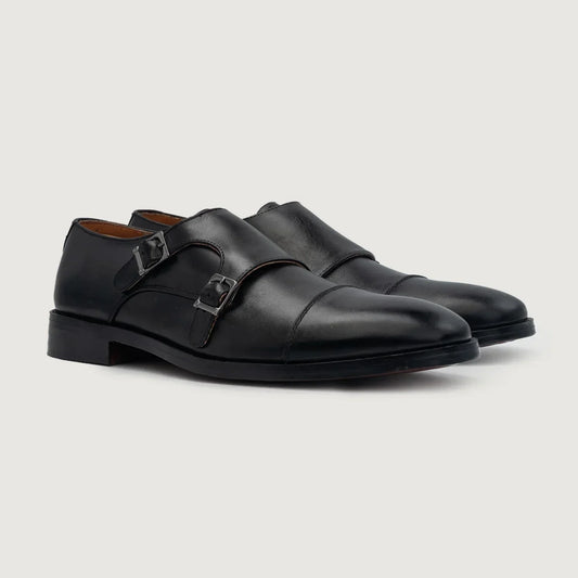 Boston Double Monk Strap Black Leather Shoes - men's shoes in black genuine leather, view 1