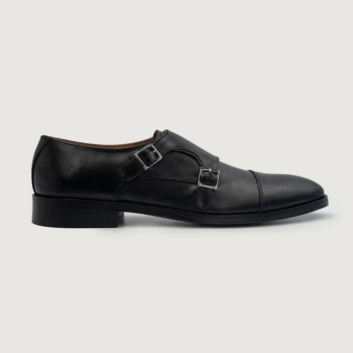Boston Double Monk Strap Black Leather Shoes - men's shoes in black genuine leather, view 2