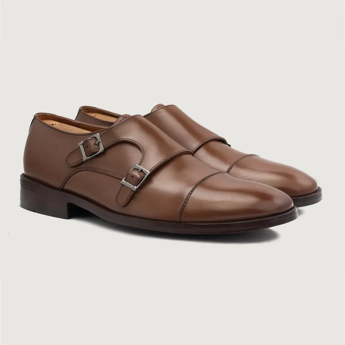 Boston Double Monk Strap Brown Leather Shoes - men's shoes in brown genuine leather, view 1