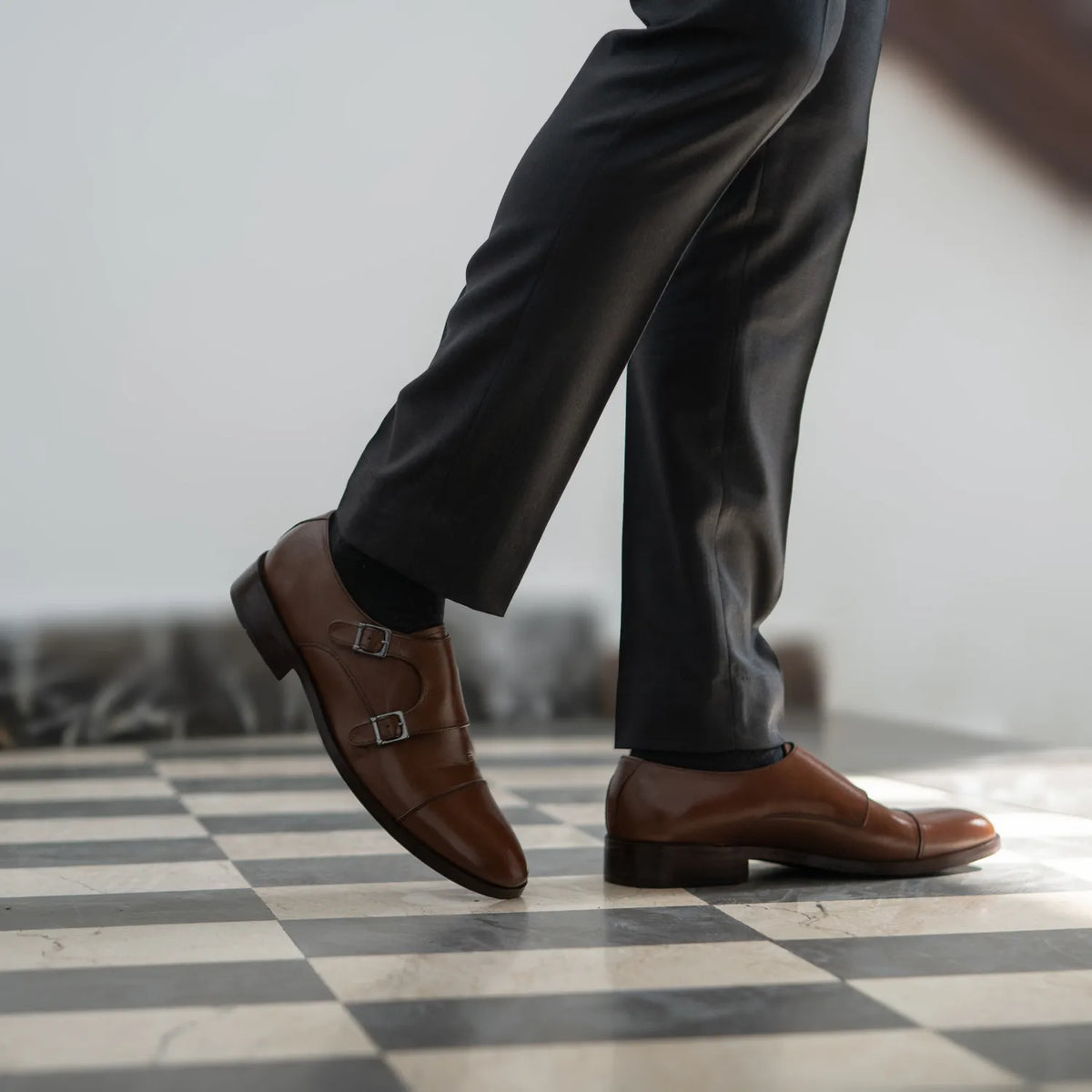 Boston Double Monk Strap Brown Leather Shoes - men's shoes in brown genuine leather, view 8