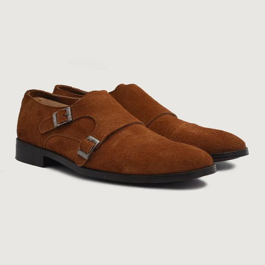 Boston Double Monk Strap Brown Suede Leather Shoes - men's shoes in brown suede leather, view 1