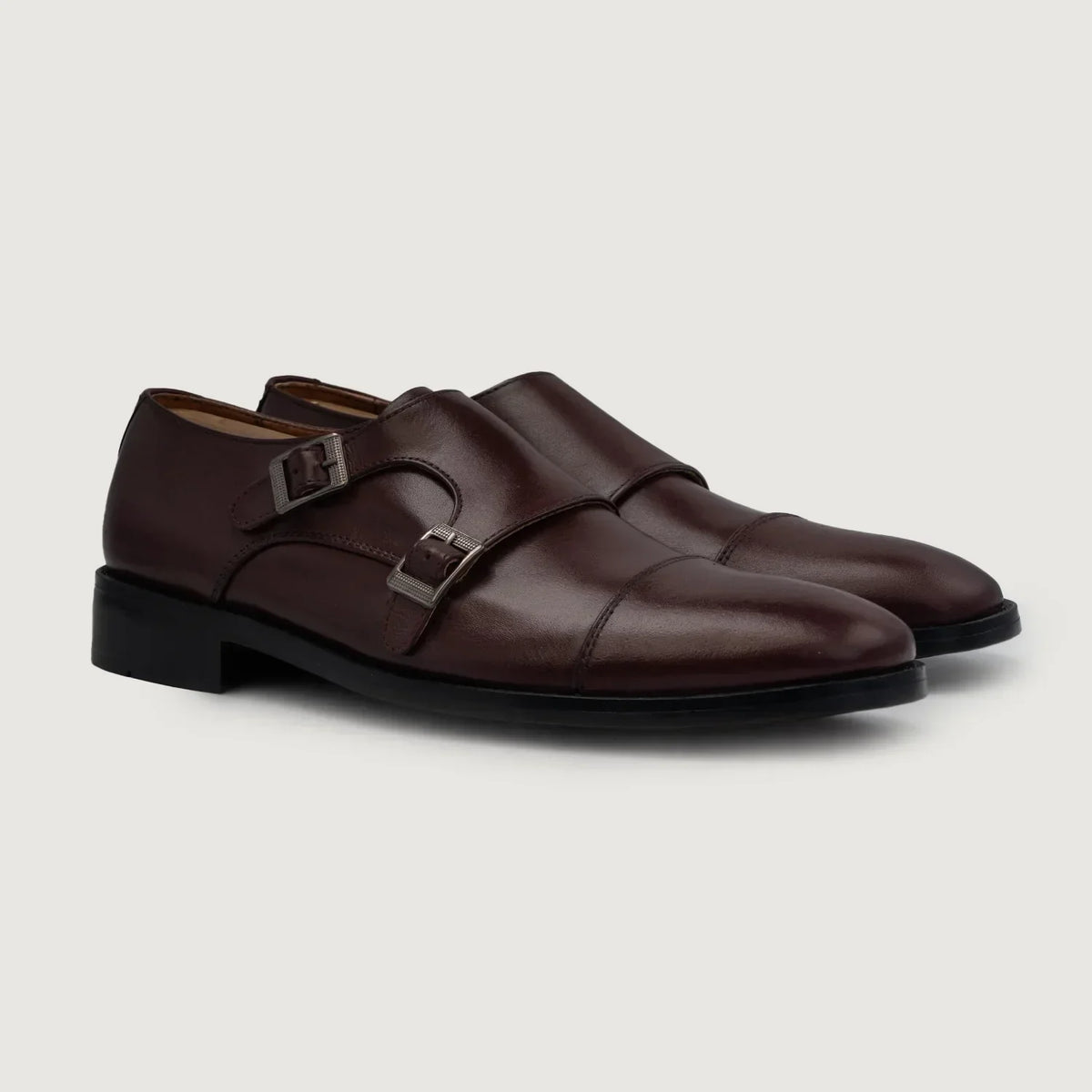 Boston Double Monk Strap Maroon Leather Shoes - men's shoes in maroon genuine leather, view 1