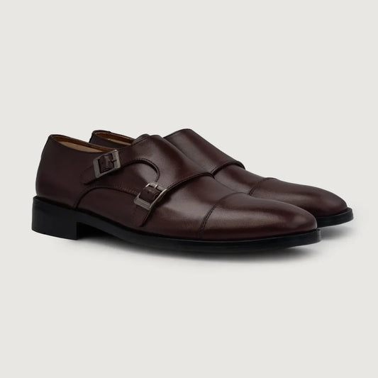 Boston Double Monk Strap Maroon Leather Shoes - men's shoes in maroon genuine leather, view 1