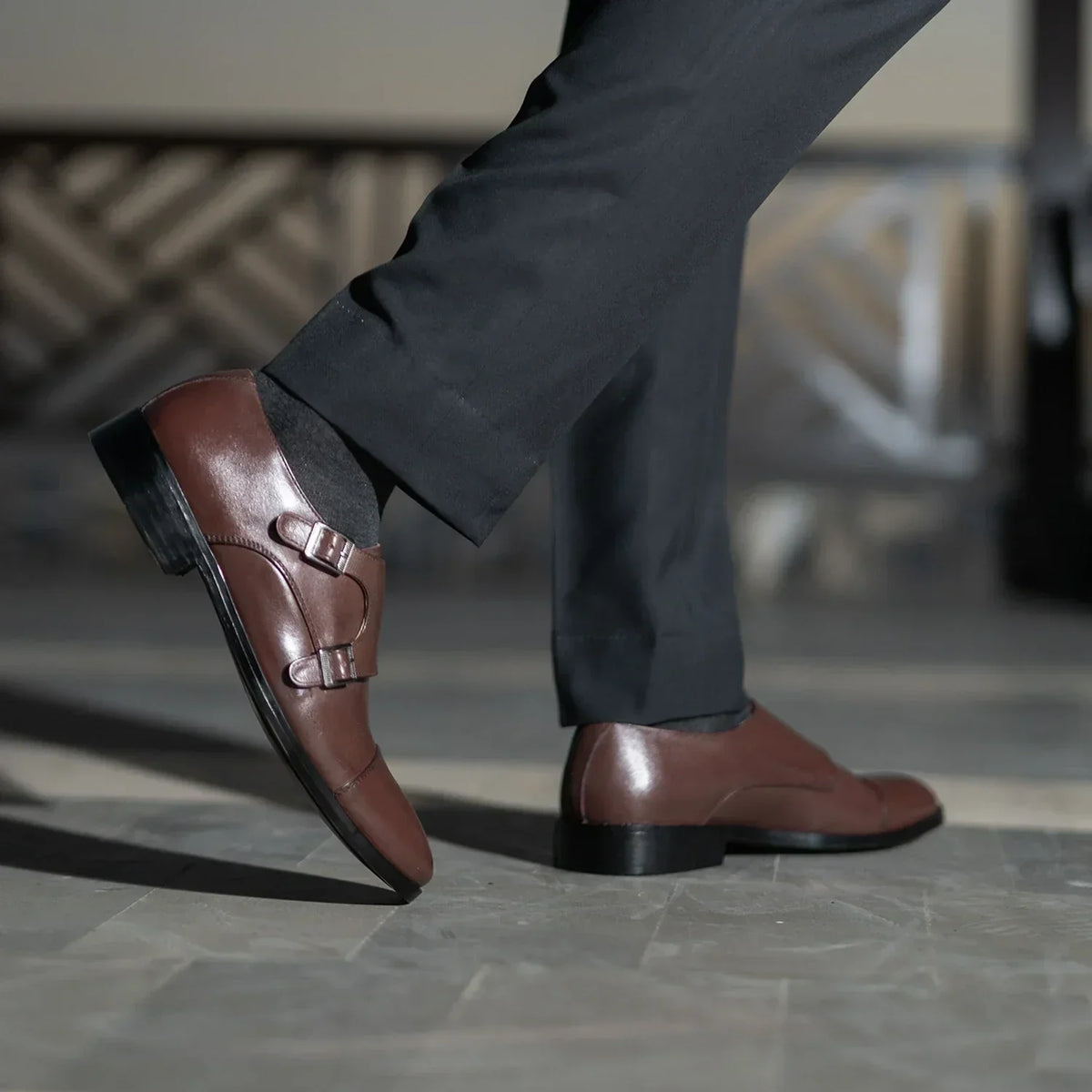 Boston Double Monk Strap Maroon Leather Shoes - men's shoes in maroon genuine leather, view 8