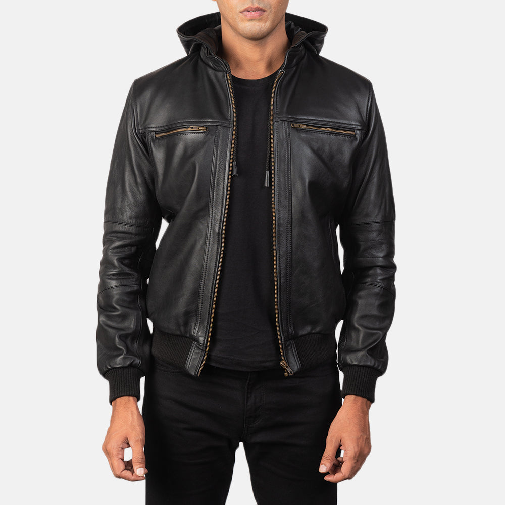 Bouncer Biz Black Leather Bomber Jacket - men's jacket in black cowhide leather, view 1